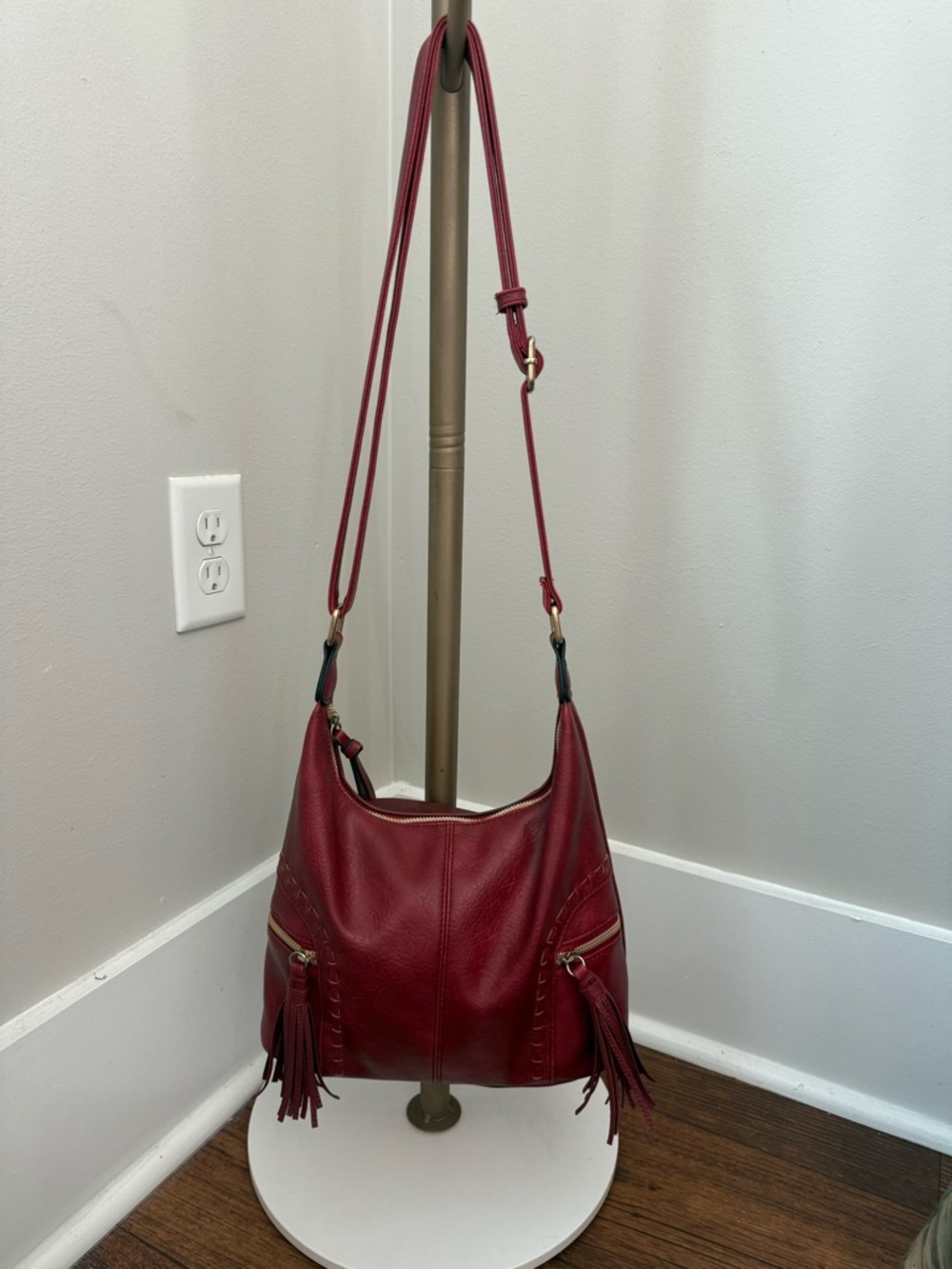 Unbranded Red Faux Leather Hobo Crossbody Bag with Tassel Accents